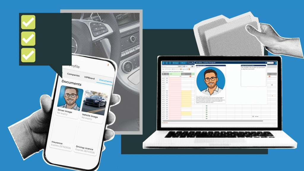 Chauffeur driver compliance software showing document upload in the chauffeur app and document approval on the CDS chauffeur screen